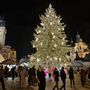 A vásár közepén felállított karácsonyfa méltó a város tornyaihoz, egészen hatalmas